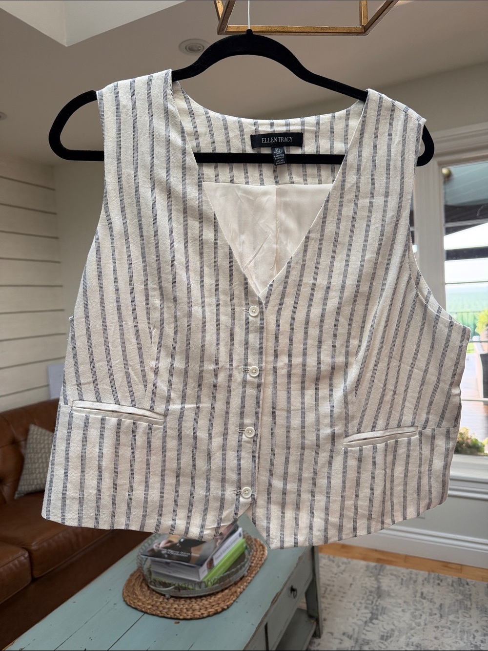 Ellen Tracy Cream and Gray Striped Button-Front Vest